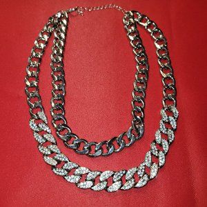 Silver Diamond Double-Chain Necklace and Bracelet Set